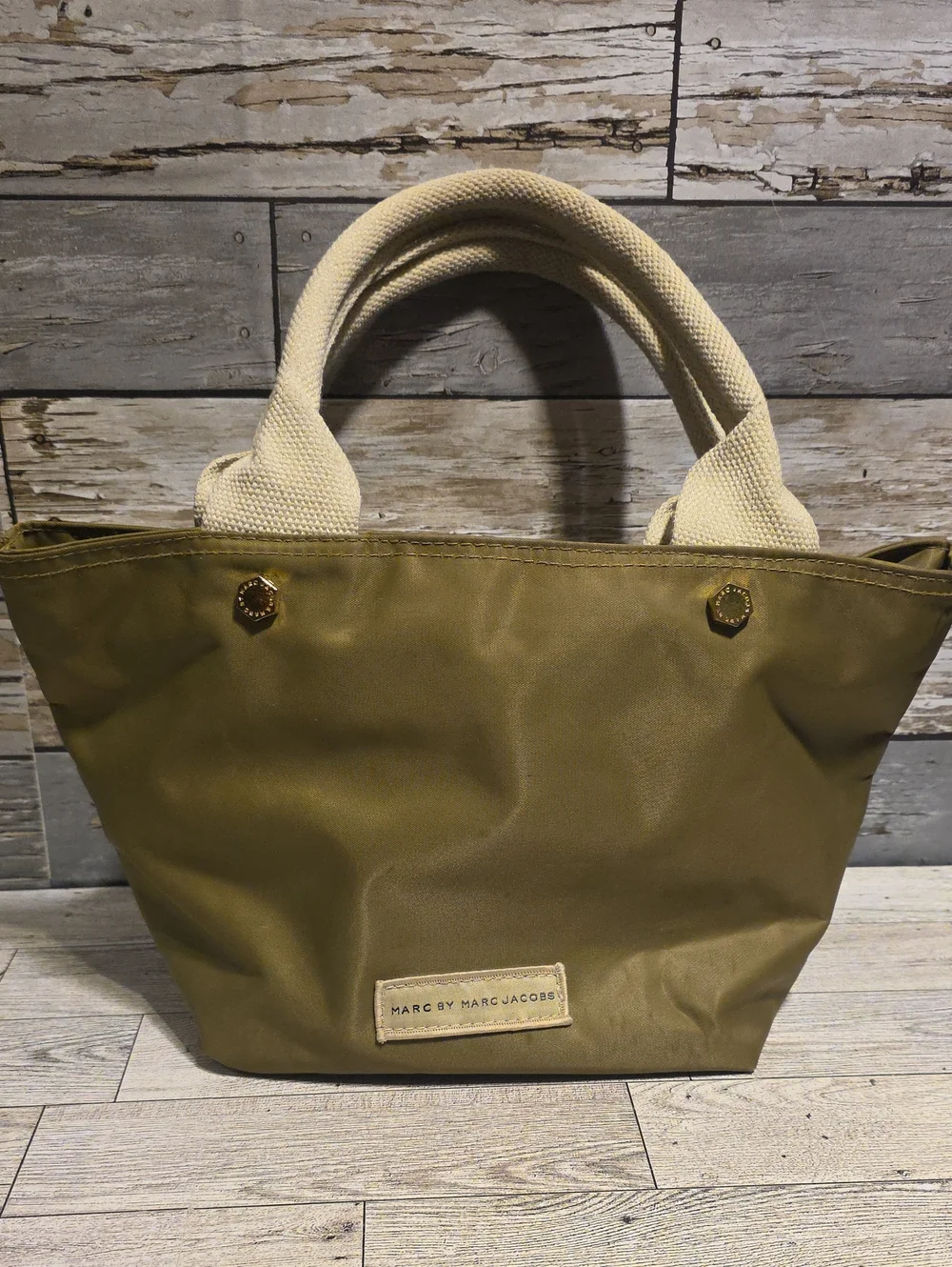 Miss Marc By Marc Jacobs Olive Graphic Canvas Tote Bag with Cream Handles